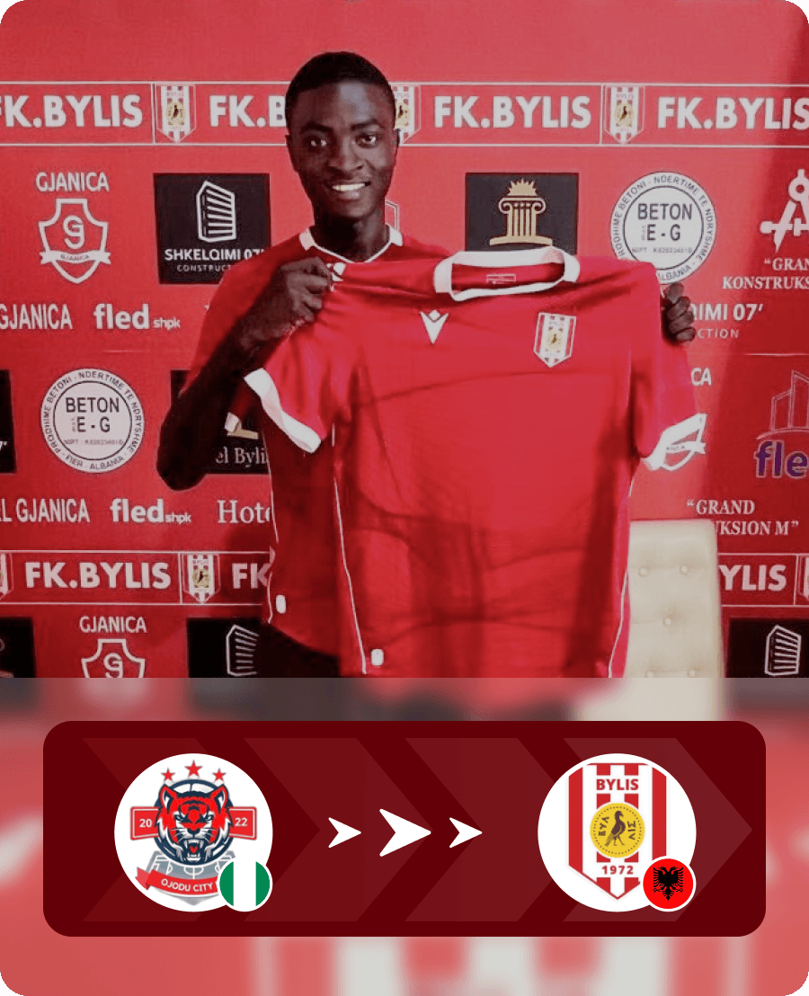 Footballer holding up a red FK Bylis jersey, indicating a transfer from a Nigerian club (eagle crest) to an Albanian club (lion crest).