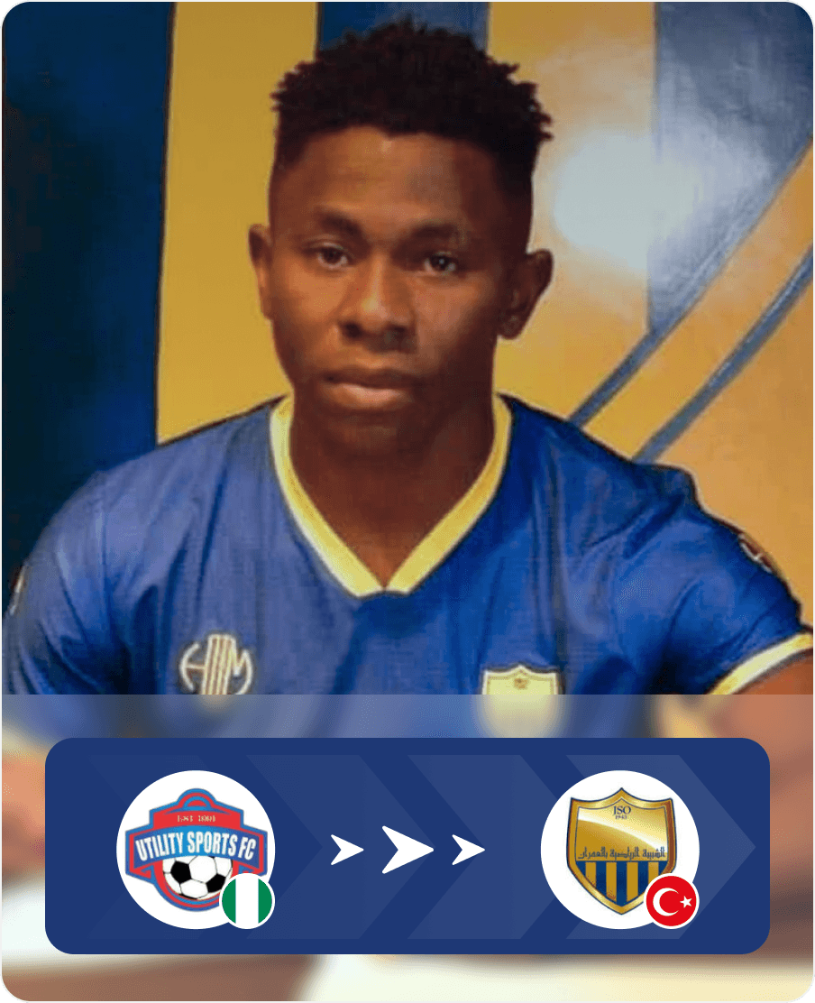 Footballer in a blue and black tracksuit against a white background, showing a transfer from a Nigerian club (blue 'SS FC' crest) to a Latvian club (black and white 'FC' crest).